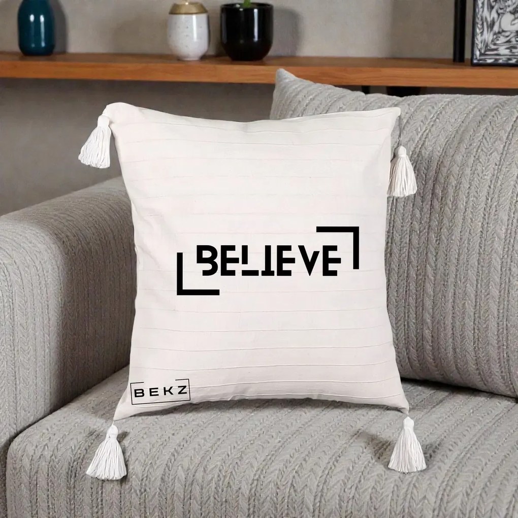 Perna Decorativa Believe Minimalist, 40x40 cm, Bej cu Franjuri, Husa Detasabila, Perna Inclusa, BEKZ®