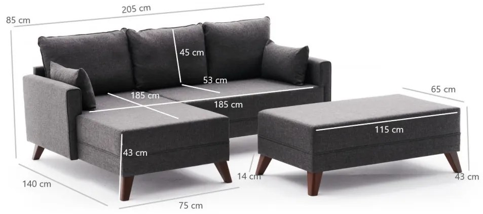 Coltar Modular pe Stanga cu Taburet, Cadru Lemn de Brad, Bella Mini, Gri Antracit