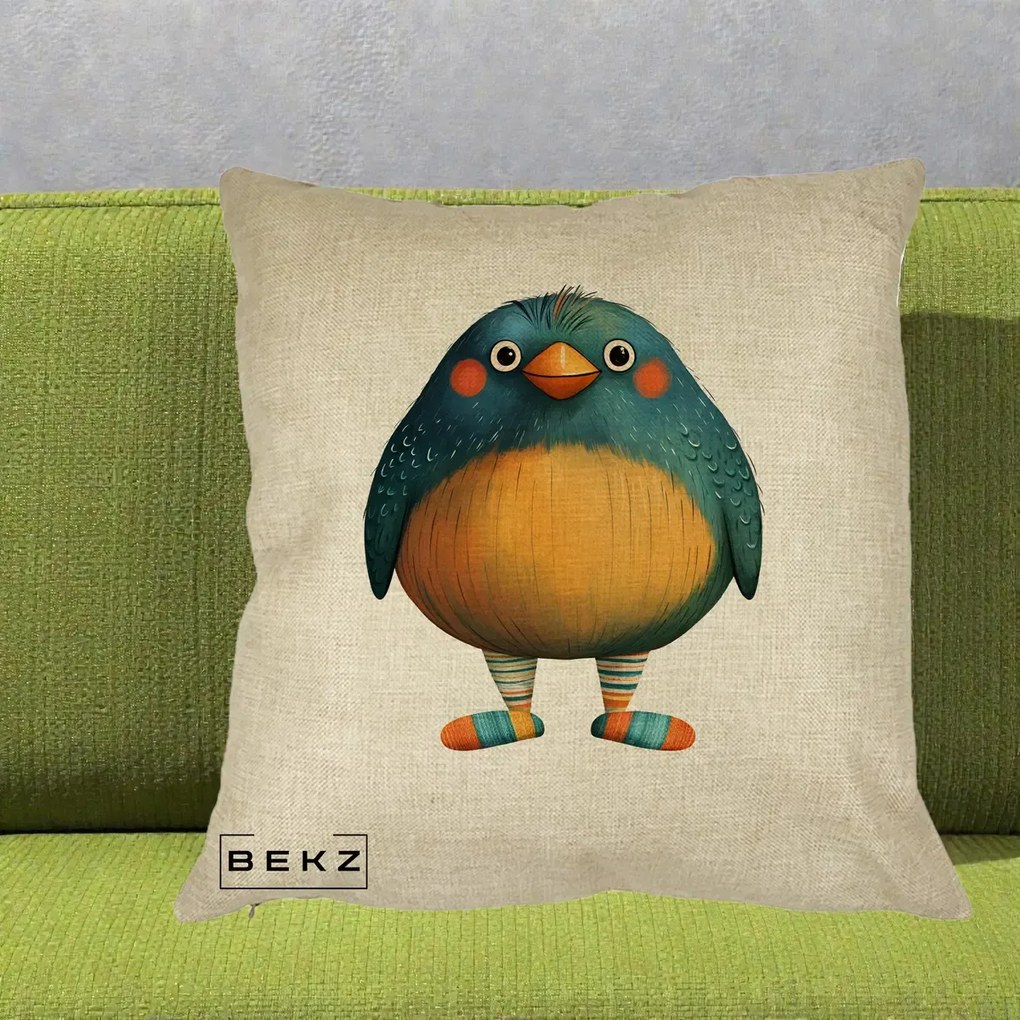 Perna Decorativa Pasare Teal cu Sosete Dunghi, 40x40 cm, Crem, Husa Detasabila, Perna Inclusa, BEKZ®