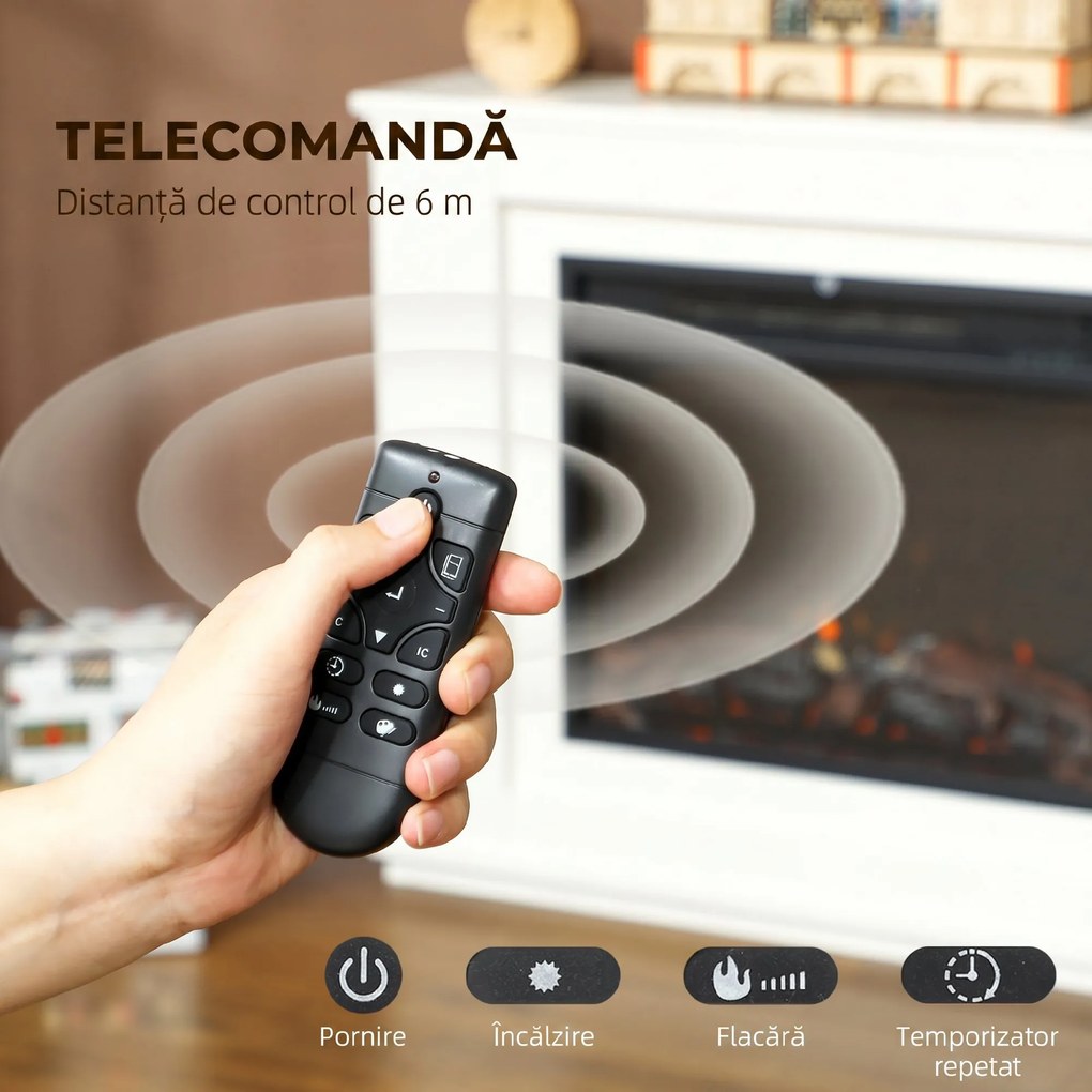 HOMCOM Șemineu Electric cu Flacără în 12 Culori și 5 Niveluri de Luminozitate, Telecomandă și Timer, 98x25x80 cm, Alb și Negru | Aosom Romania