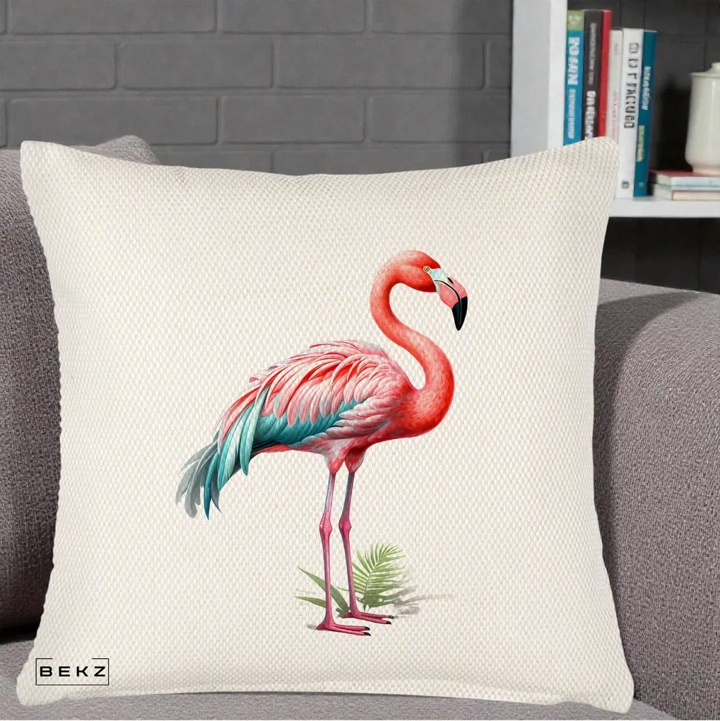 Perna Decorativa Flamingo Roz cu Pene Teal, 40x40 cm, Crem Reliefat, Husa Detasabila, Perna Inclusa, BEKZ®