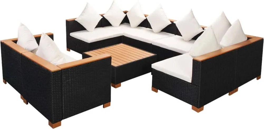 vidaXL Set mobilier de grădină cu perne, 9 piese, negru, poliratan