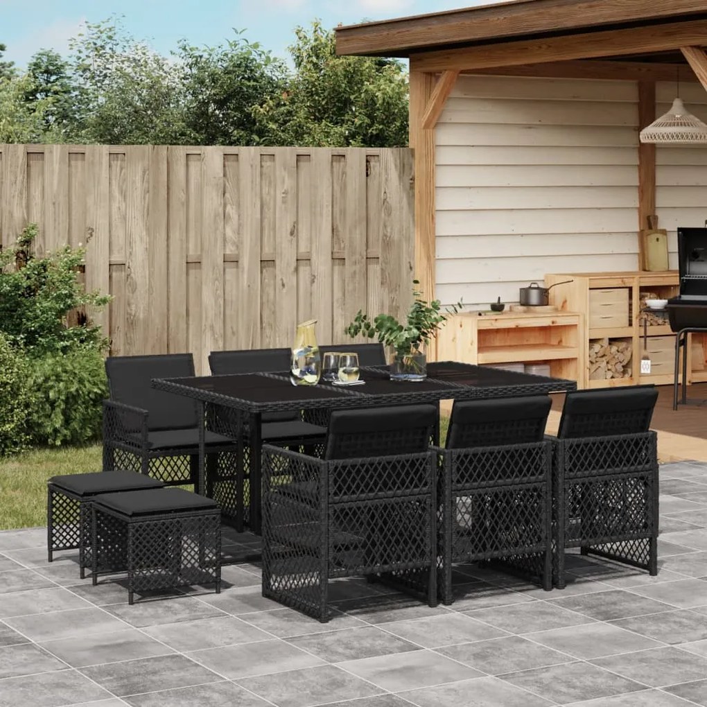 3210787 vidaXL Set mobilier de exterior cu perne, 11 piese, negru, poliratan