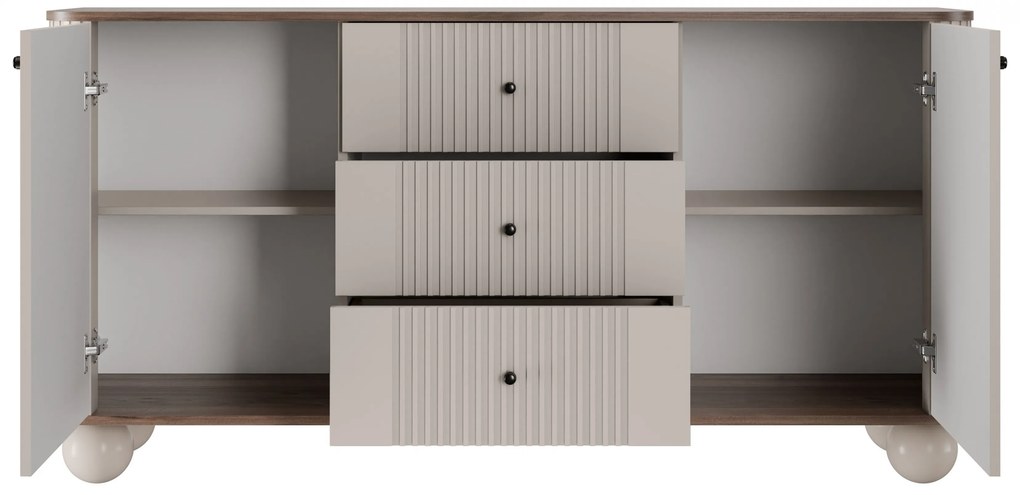 Comodă cu sertare Vesper 160 cm - cașmir / nuc / mânere negre / picioare sferice