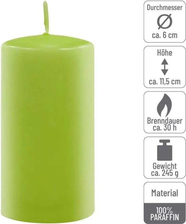 Set de lumânări pilon, 11,5 cm, Ø 6 cm, verde deschis, 6 buc