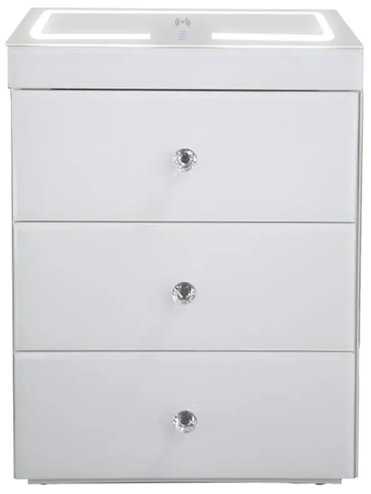 RESIGILAT- Noptieră inteligentă multifuncțională, din sticla tip oglindă, 3 sertare, LED-uri tactile, 3 tipuri de culoare, încărcare fără fir si USB, Difuzor Bluetooth, sticla securizata, 40x40x60 cm, Alb