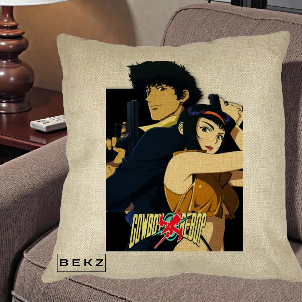 Perna Personalizata Cowboy Bebop Spike si Faye Poster, 40x40 cm, Crem, Husa Detasabila, Perna Inclusa, BEKZ®