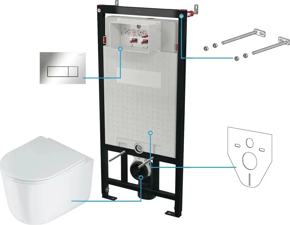 Set vas wc suspendat cu capac Deante Jasmin rimless, rezervor incastrat si clapeta actionare Slim crom