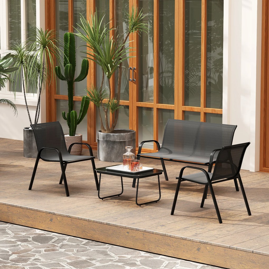 Outsunny Set Mobilier de Grădină din 4 Piese cu Canapea, 2 Scaune Stivuibile și Măsuță de Cafea, 113x66x79 cm, Negru | Aosom Romania