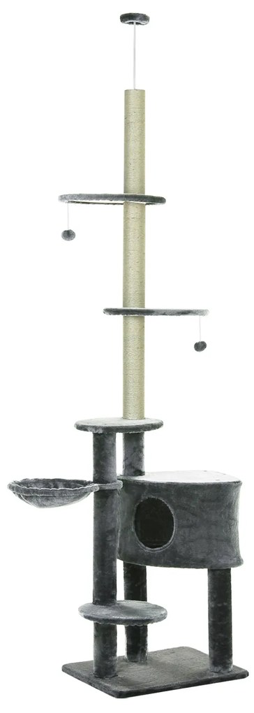 PawHut Kratzbaum deckenhoch Înălțime 220-265 cm Arbore pentru pisici cu bile de joc, cuib pentru pisici, hamac, stâlpi de sisal, platforme, zgârieui pentru pisici cu mai multe etaje pentru pisici de dimensiune medie, Gri închis | Aosom Romania
