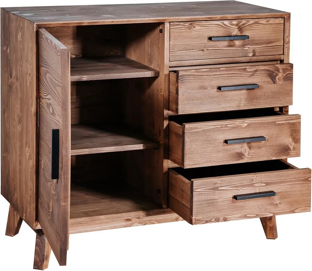 Comodă lemn masiv Timeless 4 Sertare 1 Ușă Whisky, 98 × 45 × 85 cm