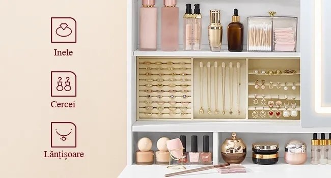 Masuta machiaj cu Oglinda LED si 9 Sertare pentru Cosmetice, Set Masa toaleta 110 cm, Alb, masuta cosmetica, vanity - SEA822