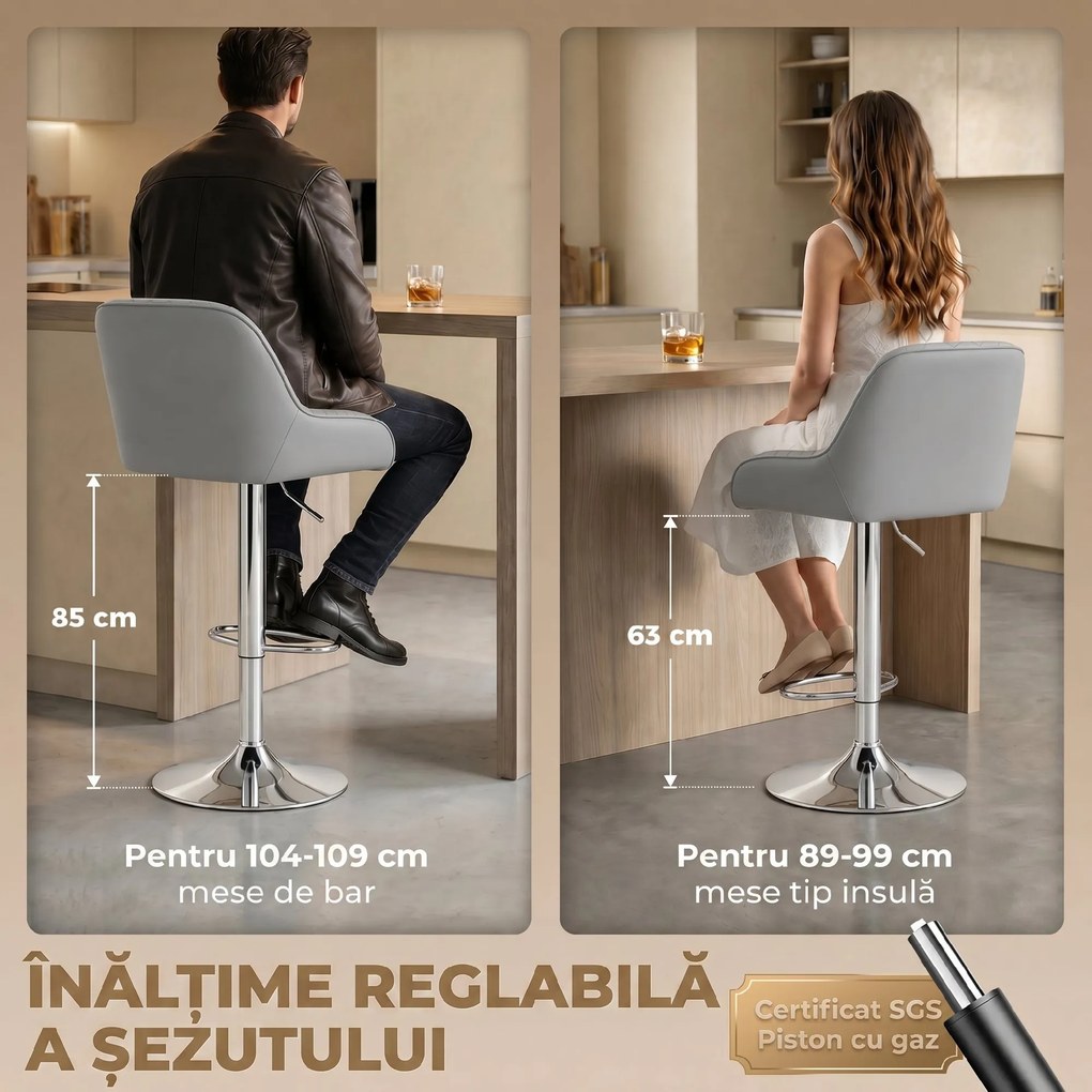 HOMCOM Set de 2 Scaune de Bar Rotative Reglabile pentru Bucătărie, Gri Deschis | Aosom Romania