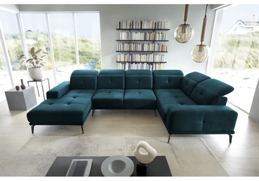 Colțar albastru închis cu tapițerie din catifea (cu colț pe partea dreaptă/în formă de "U") Neviro – ELTAP