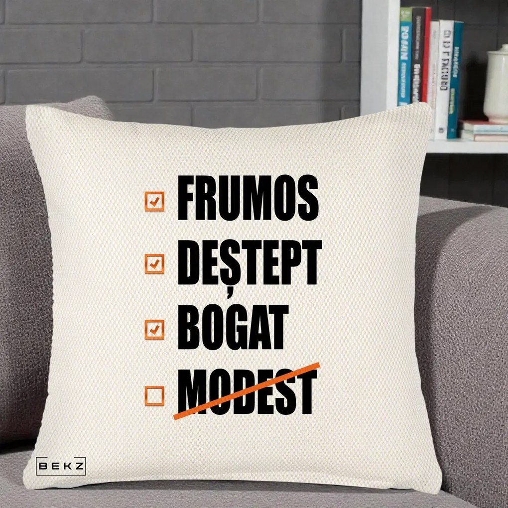 Perna Decorativa Frumos Destept Bogat, 40x40 cm, Crem Reliefat, Husa Detasabila, Perna Inclusa, BEKZ®