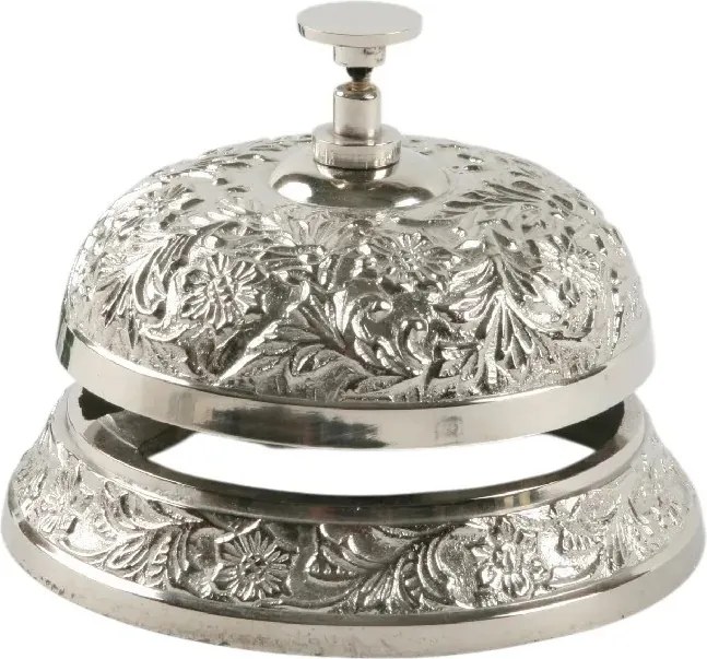 Clopoțel de masă din alamă lucrată manual, argintiu, cu flori în relief și buton, aspect vintage, finisaj nichelat, 8,5 x 11 cm, „Majordome”