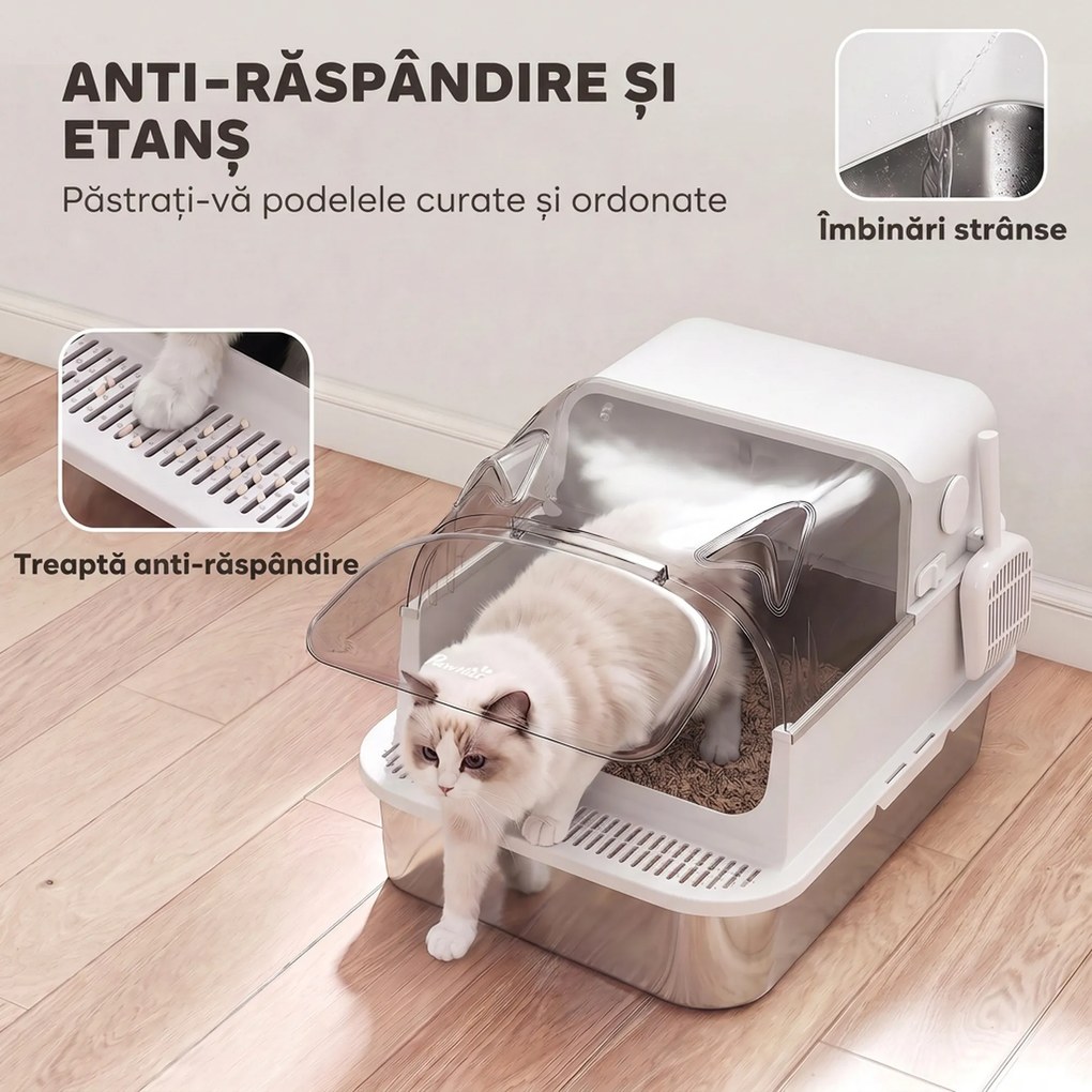 PawHut Litieră Închisă pentru Pisici 3 în 1 XL 90L din Oțel Inoxidabil, cu Capac Detașabil, Lopățică, Pereți Înalți, Alb | Aosom Romania