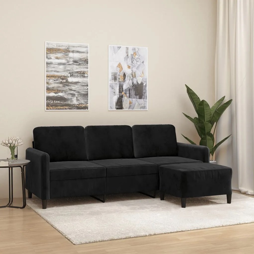 vidaXL Canapea cu 3 locuri și taburet, negru, 180 cm, catifea