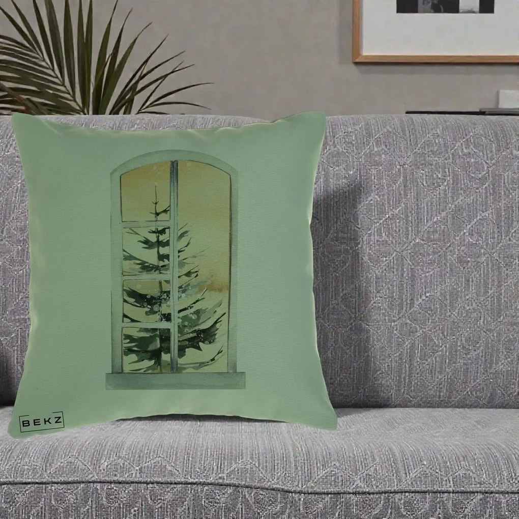 Perna Decorativa Fereastra cu Brad de Iarna, 40x40 cm, Verde, Husa Detasabila, Perna Inclusa, BEKZ®