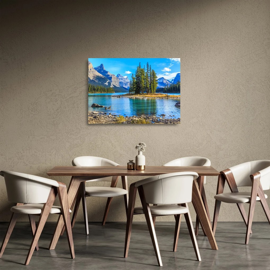 Tablou pe sticlă - Peisaj montan cu râu (70x50 cm)