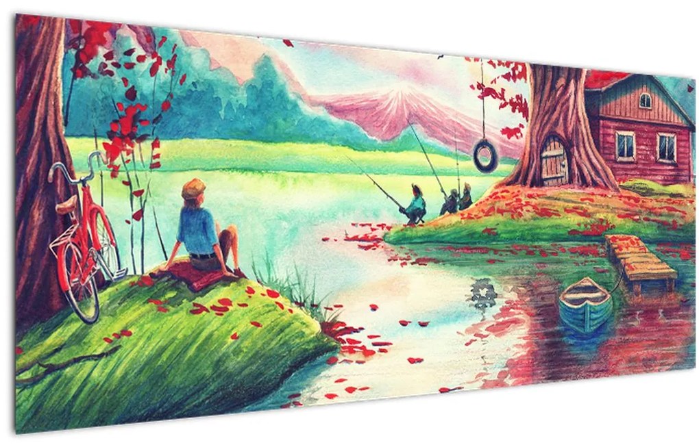 Tablou - Acuarelă, Golf într-un sat de munte (120x50 cm)