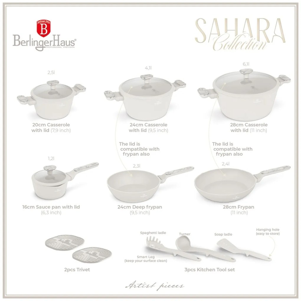 Set oale si tigai cu capace 15 piese Sahara Marble Berlinger Haus BH8401, crem, antiaderente, compatibile inductie