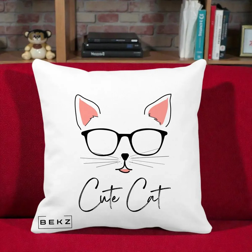 Perna Personalizata Cute Cat cu Ochelari, 40x40 cm, Alba Mata, Husa Detasabila, Perna Inclusa, BEKZ®