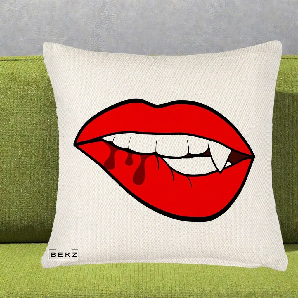 Perna Decorativa Vampire Lips Halloween, 40x40 cm, Crem Reliefat, Husa Detasabila, Perna Inclusa, BEKZ®