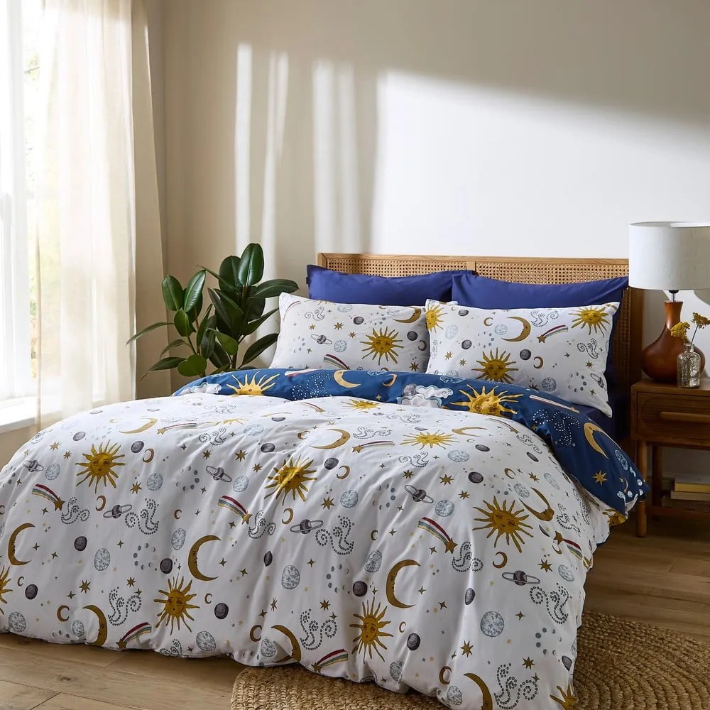 Lenjerie de pat albă-albastră din bumbac pentru pat de o persoană 135x200 cm Disco Space – Their Nibs