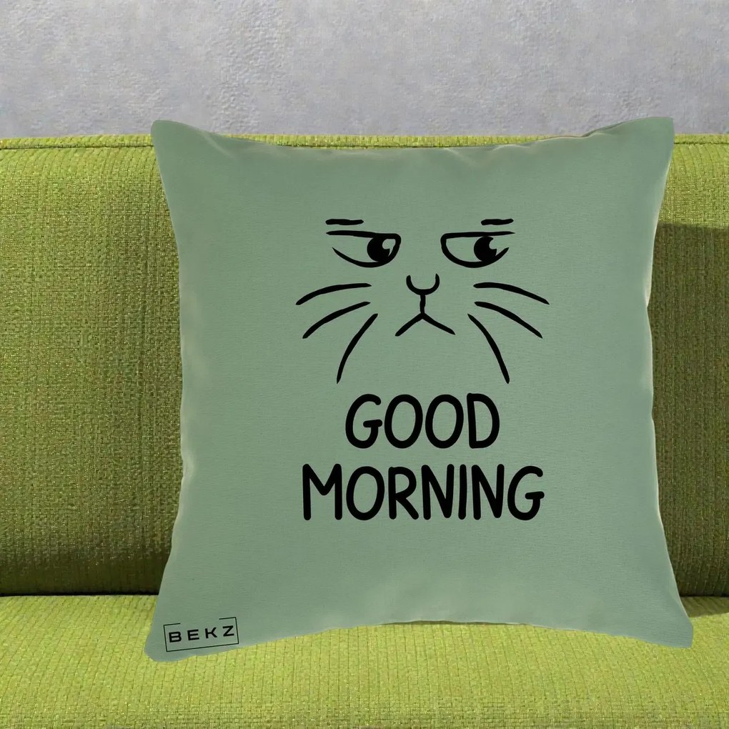 Perna Decorativa Pisica Morocanoasa Good Morning, 40x40 cm, Verde, Husa Detasabila, Perna Inclusa, BEKZ®