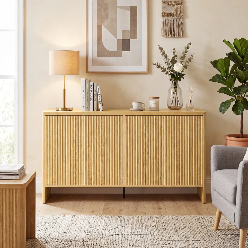 HOMCOM Bufet living, mobilier de depozitare cu 4 uși canelate, raft reglabil, deschidere prin apăsare, 147x40x77cm, stejar | Aosom Romania