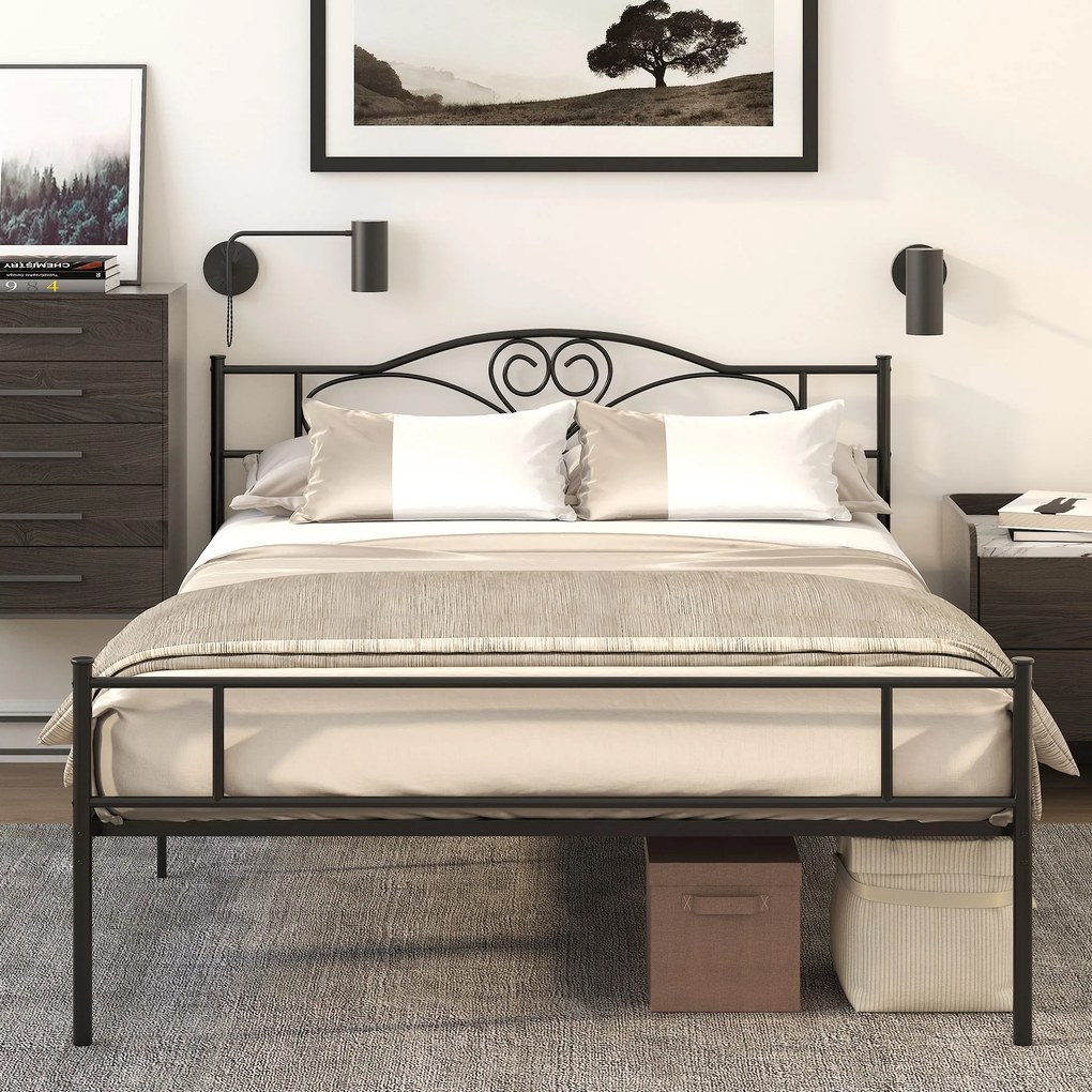 HOMCOM Cadru Pat de o Persoana, mai mare din Otel 140x200cm, Sipci Integrate si Tablie cap, Spatiu Inferior pentru Cutii, Negru | Aosom Romania