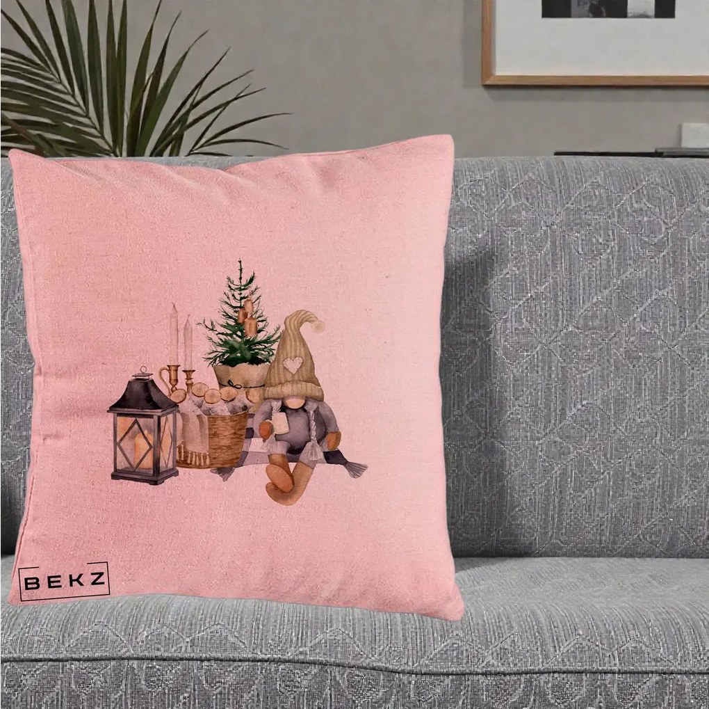 Perna Decorativa Gnom Scandinav cu Felinar, 40x40 cm, Roz, Husa Detasabila, Perna Inclusa, BEKZ®