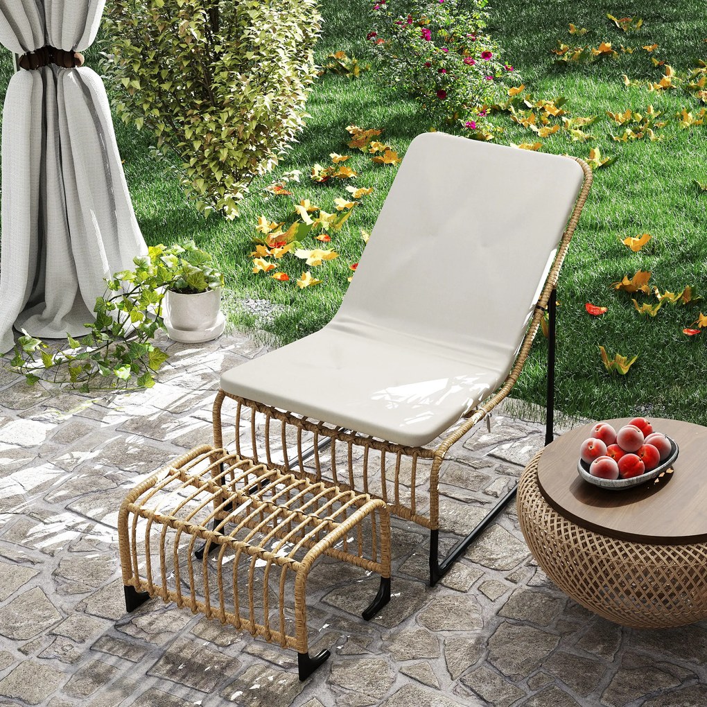 Outsunny Fotoliu de relaxare din ratan cu Fußhocker rezistent la UV, fotoliu de grădină cu perne Bänder 65 x 93 x 80 cm, lemn natural | Aosom Romania