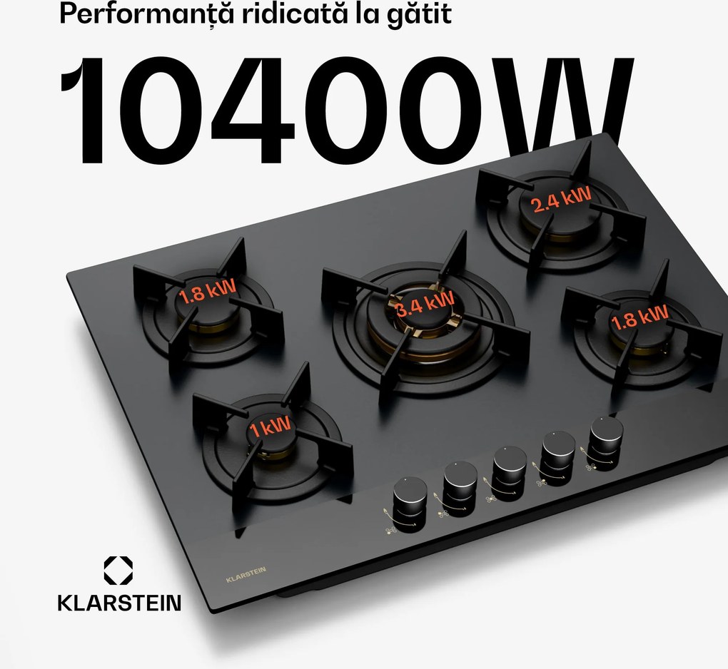 Klarstein Goldflame Nano plită pe gaz, 5 arzătoare din alamă, Strat Nano, GPL/gaz natural