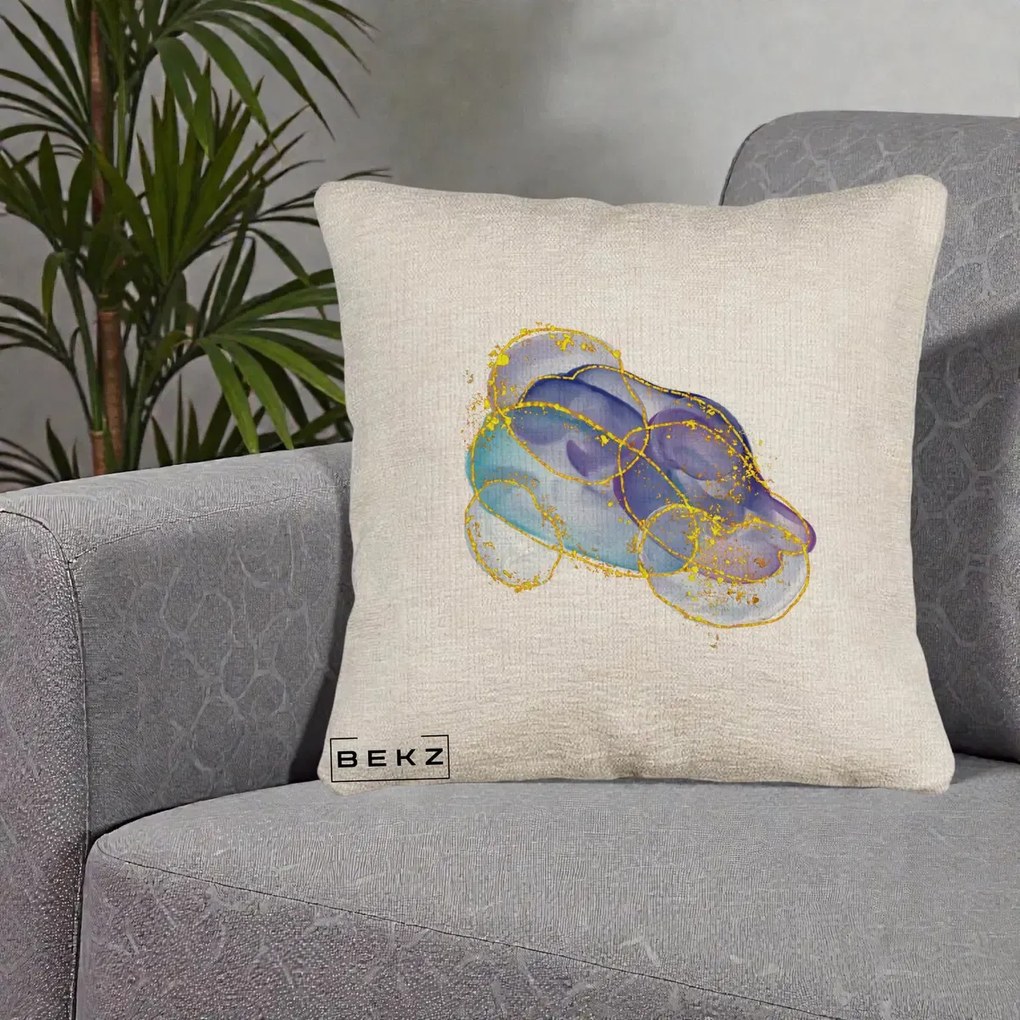 Perna Decorativa Abstract Acuarela Albastru-Mov cu Cercuri Aurii, 40x40 cm, Bej Canapea, Husa Detasabila, Perna Inclusa, BEKZ®