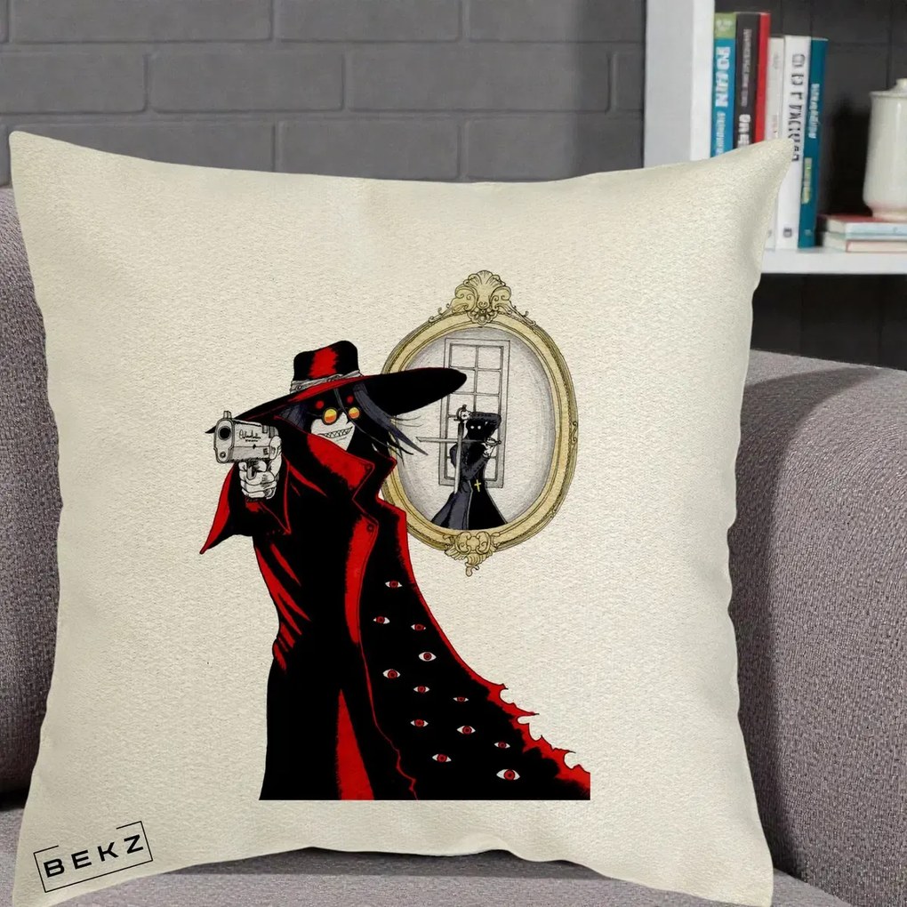 Perna Personalizata Hellsing Alucard cu Pistoale, 40x40 cm, Ecru, Husa Detasabila, Perna Inclusa, BEKZ®