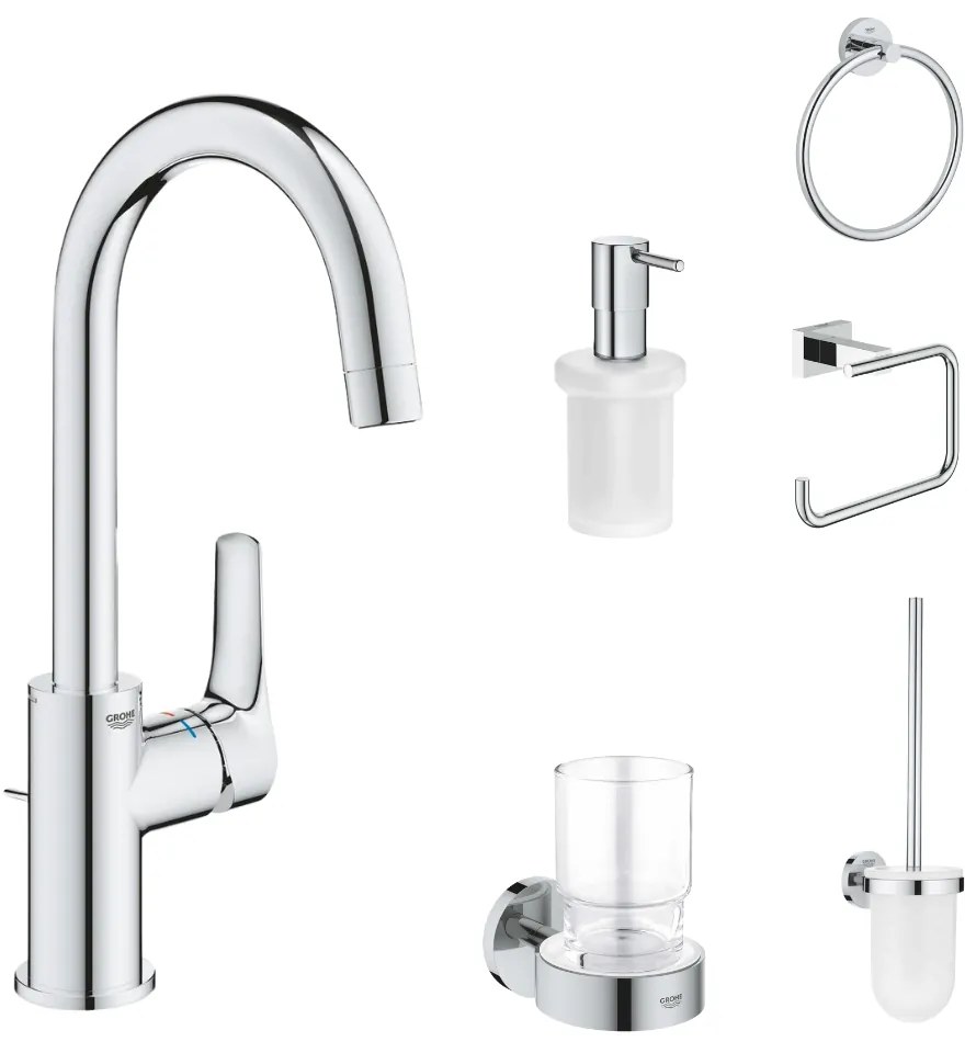 Set baterie lavoar Grohe Eurosmart New si accesorii baie Grohe Essentials, crom