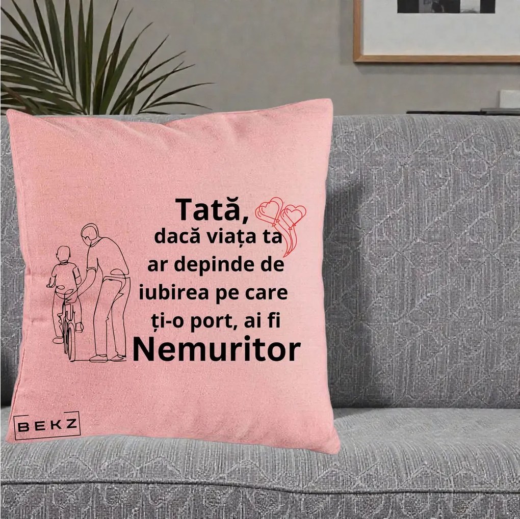 Cadou pentru Tata - Perna Personalizata Tata Nemuritor Bicicleta, 40x40 cm, Roz, Husa Detasabila, Perna Inclusa, BEKZ®