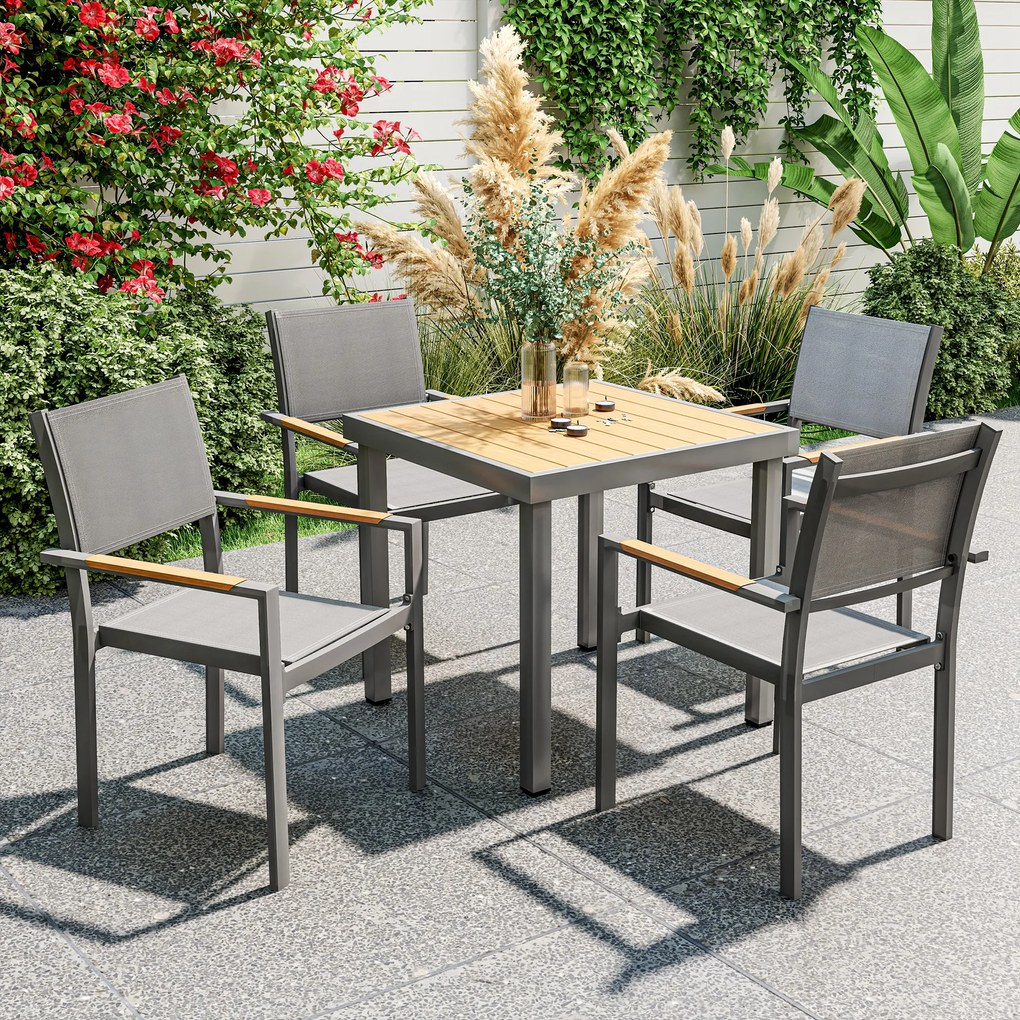 Outsunny Lot de 4 scaune de grădină, scaune de masă cu brațe efect de lemn cadru din aluminiu, gri deschis | Aosom Romania