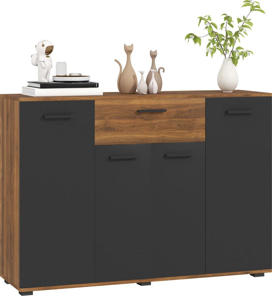 HOMCOM Bufet pentru living, mobilier de depozitare cu 4 dulapuri, sertare și rafturi reglabile, dim. 120 x 35 x 85 cm, maro și negru | Aosom Romania