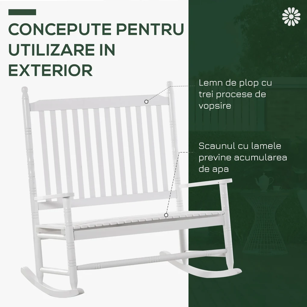 Outsunny Bancă Balansoar cu 2 Locuri din Lemn de Plop, Design Clasic, Alb | Aosom Romania
