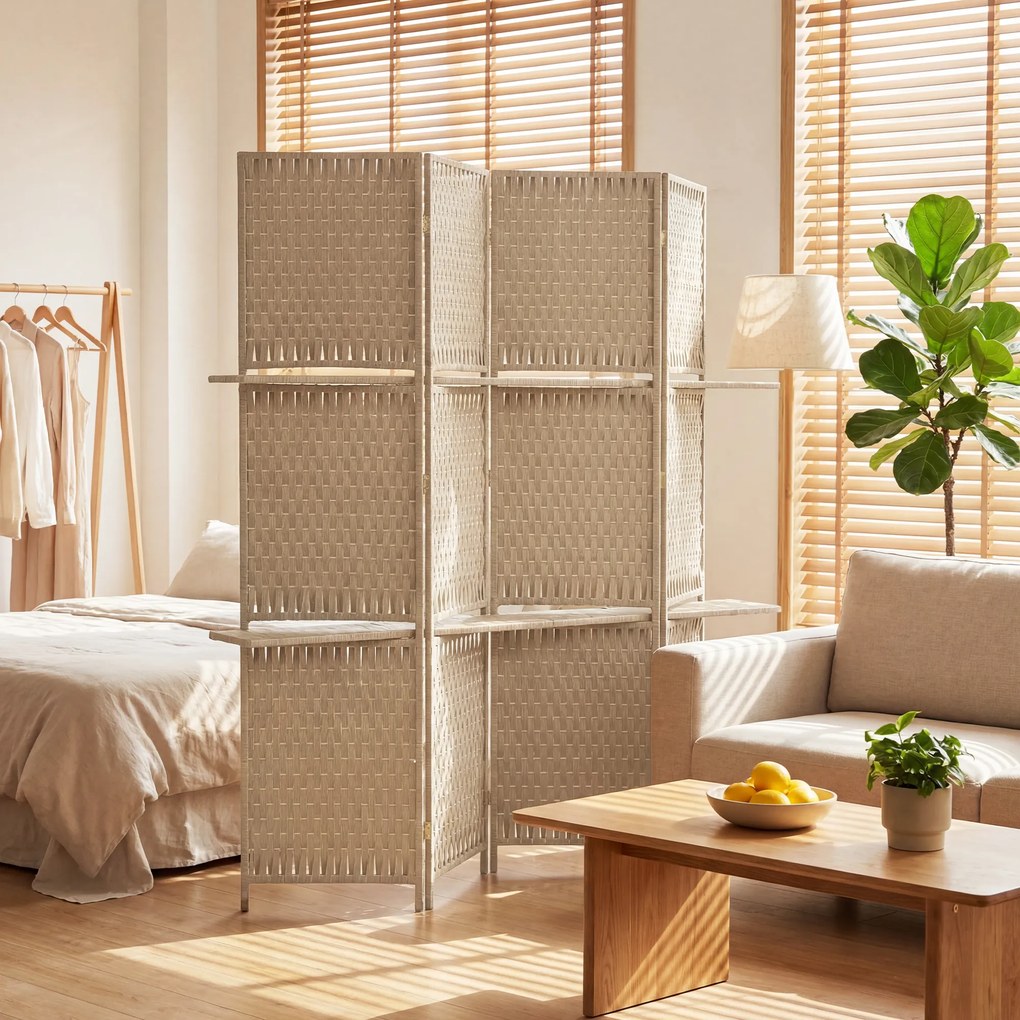 HOMCOM Separator de camere 4 panouri 2 rafturi pliabile natural pai | Aosom Romania