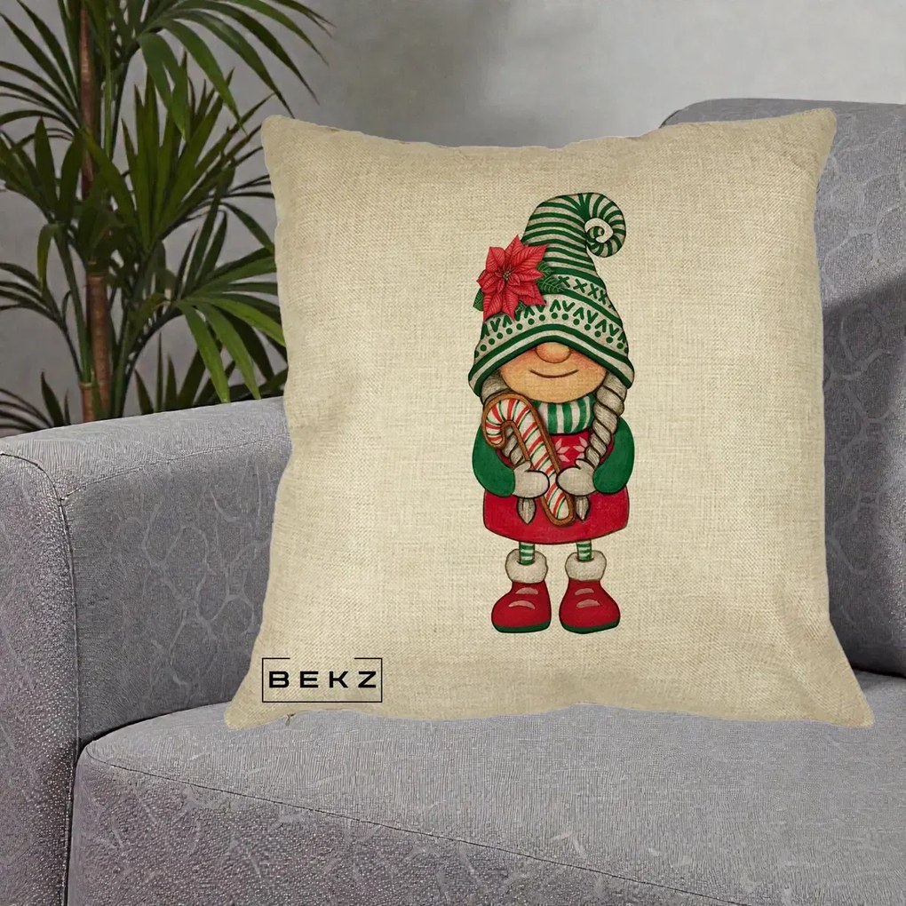 Perna Decorativa Gnom Craciun Verde cu Bomboane si Floare, 40x40 cm, Crem, Husa Detasabila, Perna Inclusa, BEKZ®