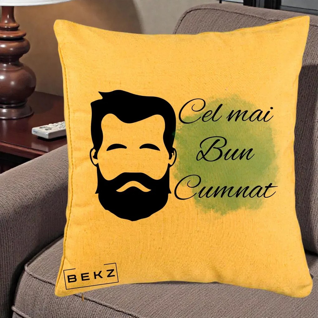 Cadou pentru Cumnat - Perna Personalizata Cel mai Bun Cumnat cu Portret Barbat si Pete Teal, 40x40 cm, Galben, Husa Detasabila, Perna Inclusa, BEKZ®