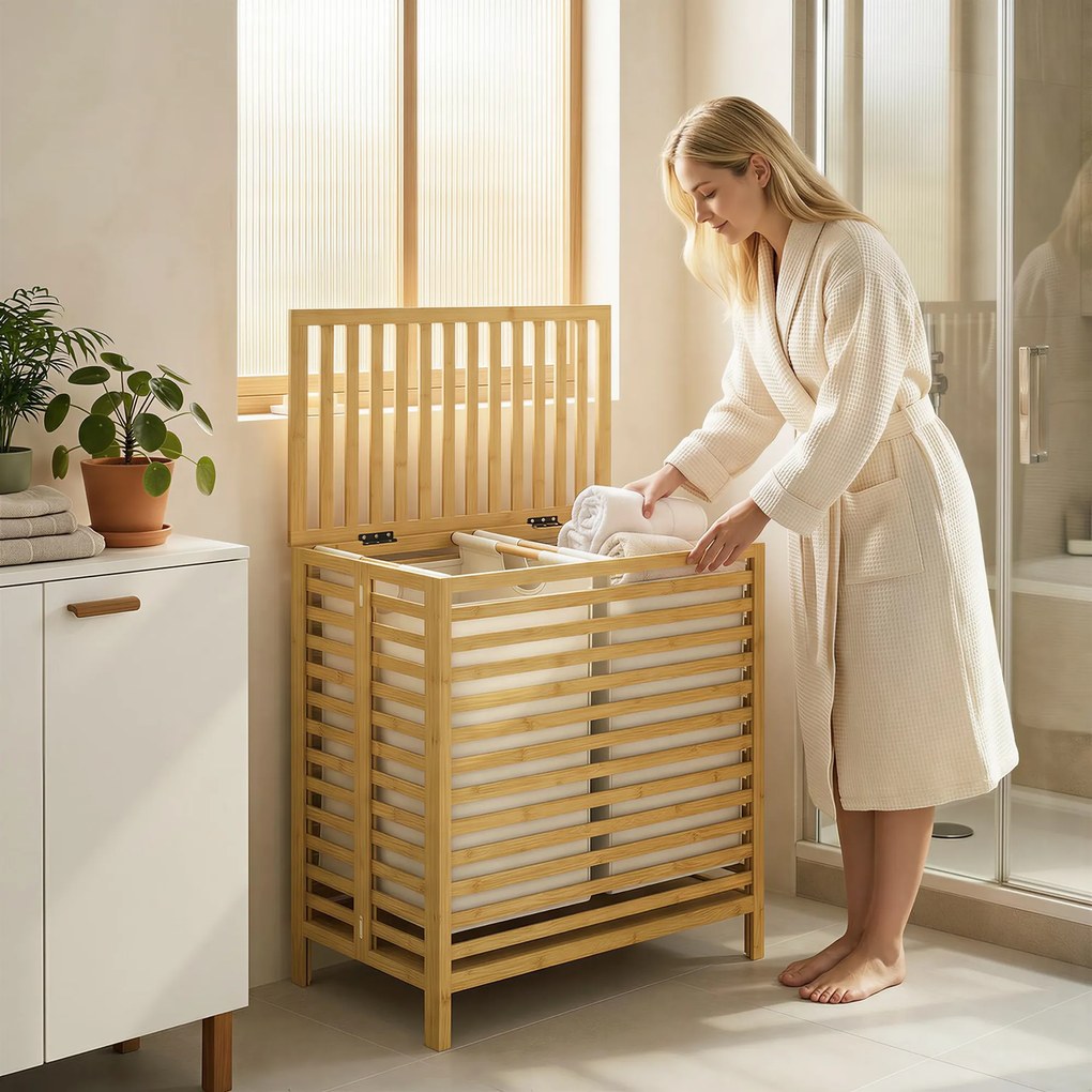 HOMCOM Coș de Rufe din Bambus 64L cu Capac, 2 Saci din Material Oxford Detașabili și Lavabili, Culoare Lemn | Aosom Romania