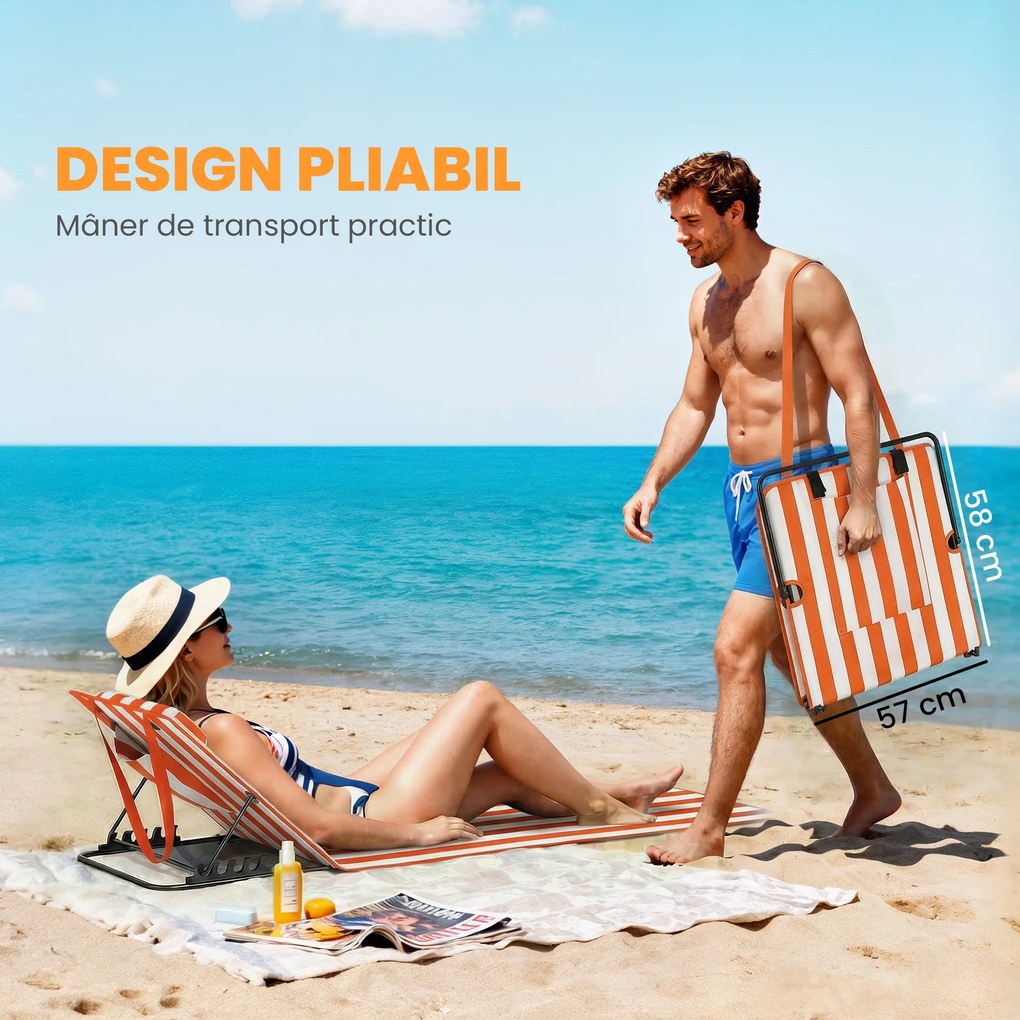 Outsunny Set 2 Șezlonguri Pliabile Portabile pentru Plajă, Spătar Reglabil, Portocaliu. | Aosom Romania