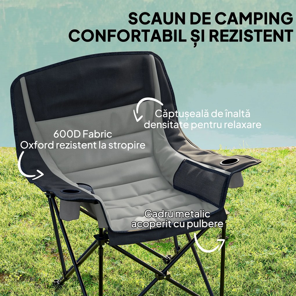 Outsunny Scaun de Camping Pliabil cu 2 Suporturi pentru Pahare și Buzunare Laterale, 99x71x103 cm, Gri | Aosom Romania