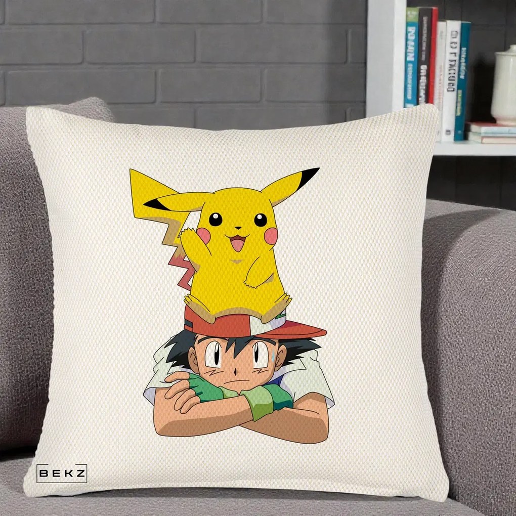 Perna Personalizata Ash si Pikachu, 40x40 cm, Crem Reliefat, Husa Detasabila, Perna Inclusa, BEKZ®