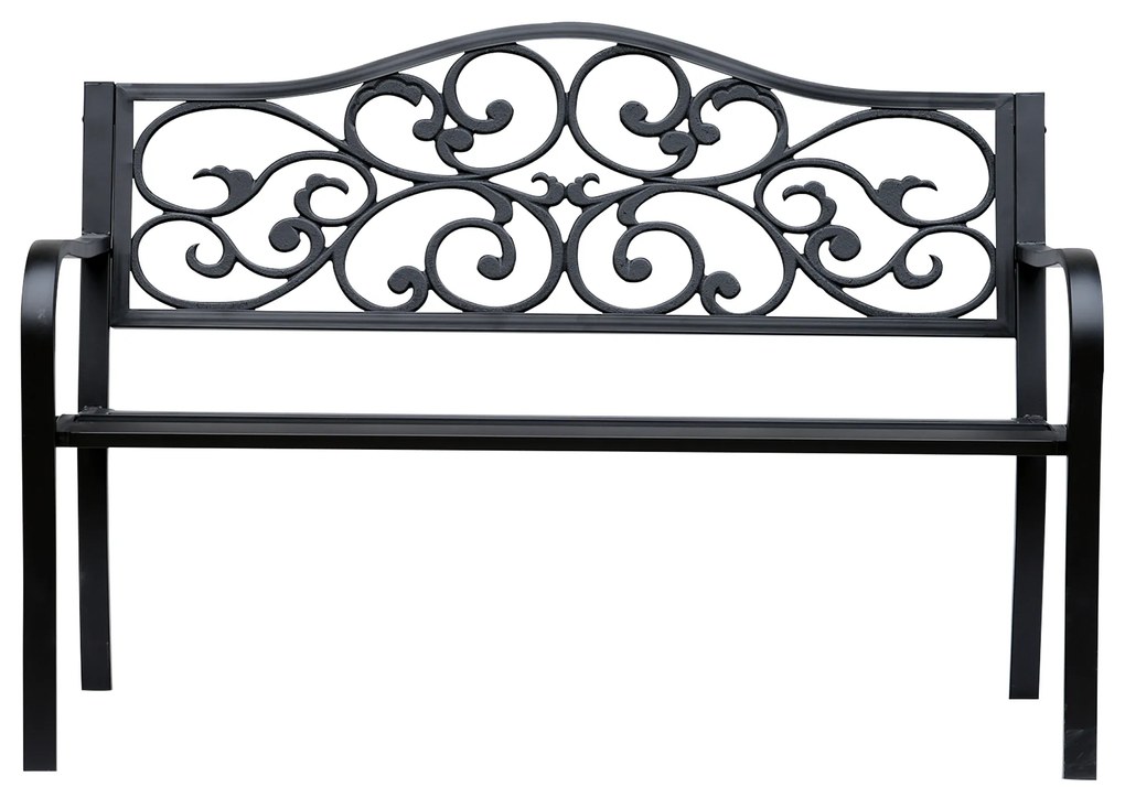 Outsunny Banca pentru exterior din fonta si metal, banca pentru gradina 2 locuri cu spatar inalt decorat, 127x60x89cm, negru